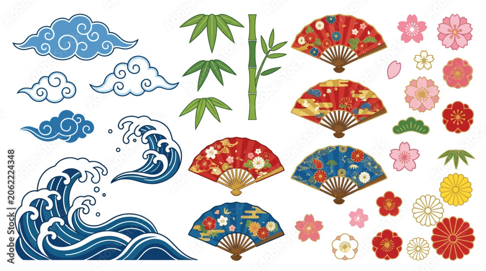 Fototapeta premium Japanese wave fan flower icons.