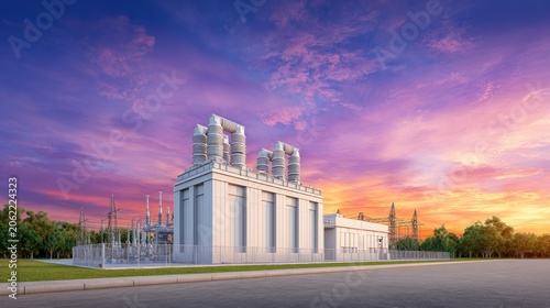Modern electrical substation at sunset with vibrant sky and industrial architecture highlighting energy and power distribution in urban environment