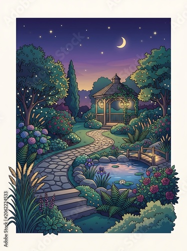 Enchanting nighttime garden with glowing gazebo and stone path