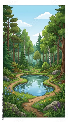 Peaceful forest landscape with a pond and a winding path