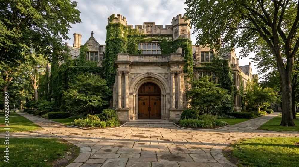 Fototapeta premium Historic collegiate gothic architecture building covered in green ivy on a university campus