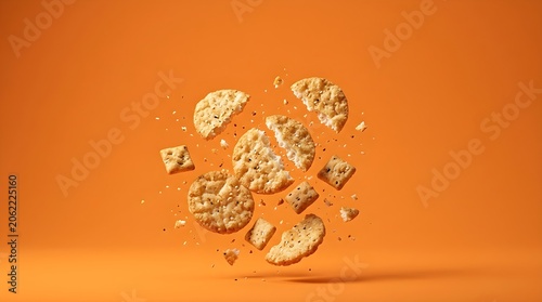 Crumbled Golden Crackers Suspended in Mid-Air on an Orange Background