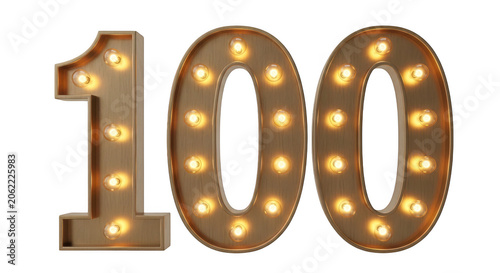 3d rendering of the number 100 with glowing light bulbs isolated on transparent background
