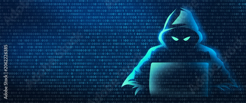 Digital Illustration of Hacker Silhouette Surrounded by Binary Code Data Stream for Cyber Security Concepts