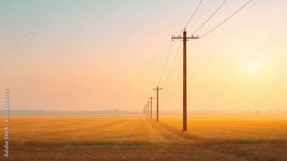 Obraz premium Serene Landscape with Power Lines at Sunset Over Golden Wheat Fields Under a Calm Sky, Capturing the Essence of Rural Tranquility and Nature's Beauty