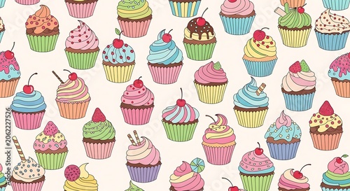 Colorful hand drawn cupcake pattern on light background
