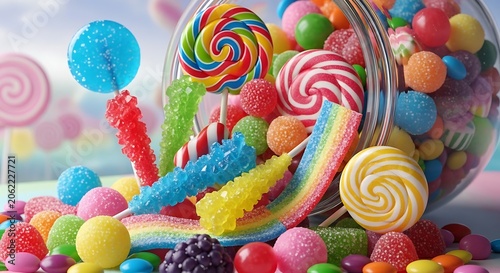 Vibrant mix of various sweets and lollipops spilling from a jar