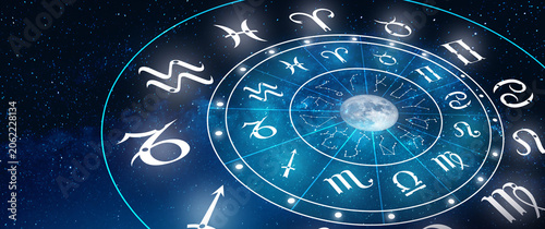 Cuadro en lienzo Illustrative astrology zodiac wheel featuring moon and starry cosmic background
