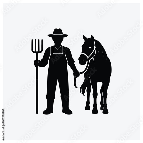 A simple icon of a farmer holding a pitchfork and walking with a horse.