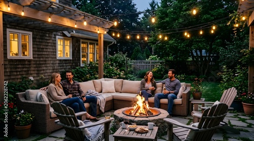 Friends gather around a warm fire pit on an inviting patio space under evening string lights enjoying relaxed conversation and outdoor leisure time creating cherished memories together