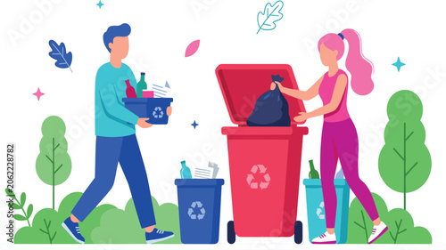 фотографія People sorting and throwing waste into recycling bins man and woman managing gar