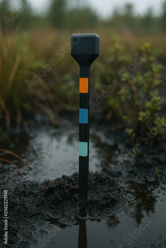 Soil moisture sensor stake planted in dark saturated peat wetland, featuring colorful band markers for environmental data collection and restoration monitoring