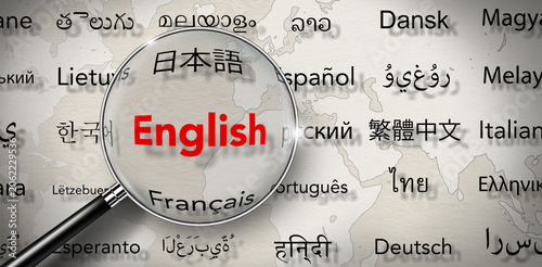 Cuadro en lienzo Magnifyingglass highlighting English language among various global languages on