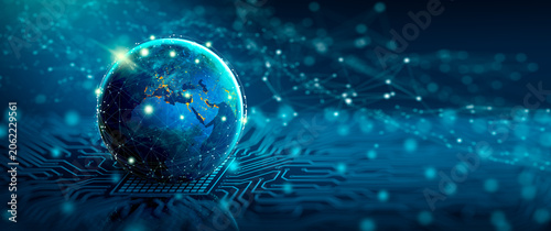 Modern digital illustration of a glowing globe connected by futuristic circuit network technology design