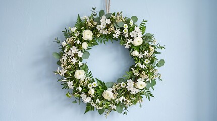 Green wreath with white flowers on light blue background