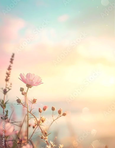 Soft pink flowers in sunny landscape.