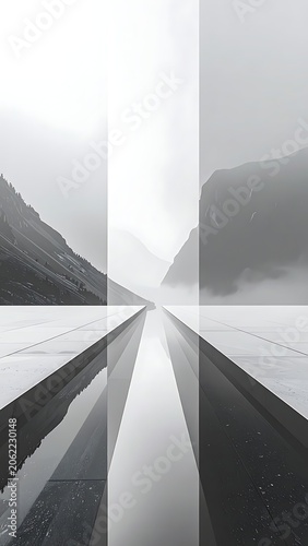 Split road through foggy mountain landscape.
