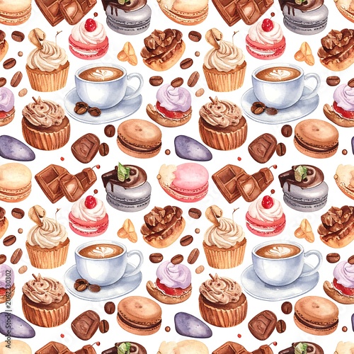 A seamless pattern featuring an assortment of sweet treats and beverages on a white background