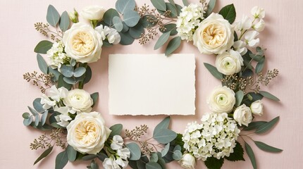 Cream Rose and Eucalyptus Flatlay Frame – Beige Wedding Invitation Mockup with Blank Card