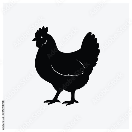 Simple black silhouette illustration of a standing chicken.