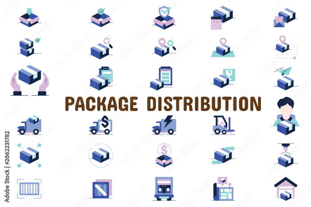 Fototapeta premium Package Distribution Flat Vector Illustration Icon Sticker Set Design Materials