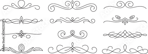 Diverse set of black line decorative flourishes and ornamental dividers with swirls, floral and abstract shapes for creative