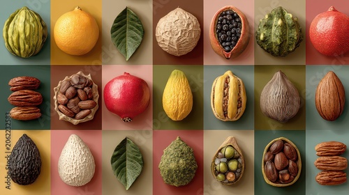Colorful Assortment of Fruits and Nuts on Textured Backgrounds