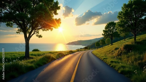 Serene Coastal Road at Sunset Winding Asphalt Path Through Lush Green Meadows and Towering Trees, Leading to a Tranquil Ocean View