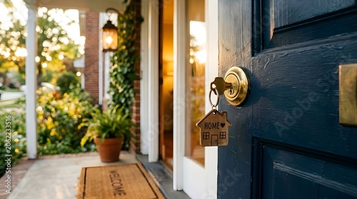 Entering a welcoming home through an open front door on a sunny day with a key in the lock and a doormat signifying new beginnings and property ownership