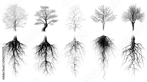 Detailed Illustrations of Trees and Their Intricate Root Structures