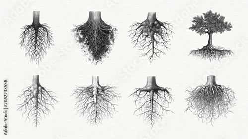 Detailed Illustration of Various Root Structures and Growth Patterns