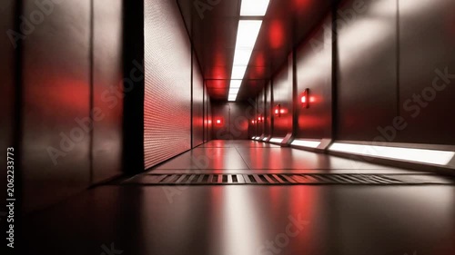 A futuristic dimly lit corridor with red lights and metallic walls