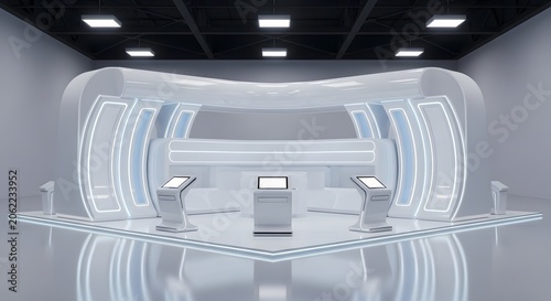Modern exhibition stand design with blank screens, futuristic trade show booth for product display.