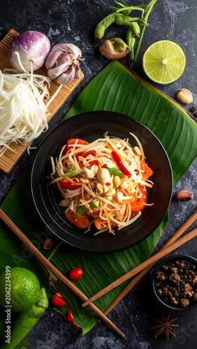 A vibrant dish of noodles with vegetables on a banana leaf