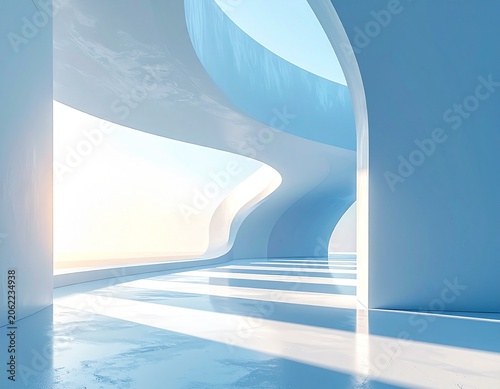 An abstract representation of a futuristic architectural design, bathed in soft, ethereal light. The smooth, flowing lines and curves create a sense of open space and serene modernism.