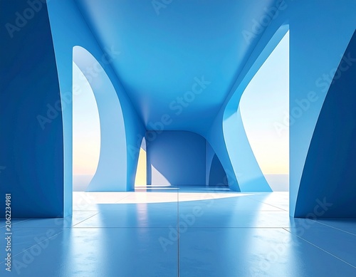 Futuristic blue interior with soft light and a sleek design, creating an abstract and modern atmosphere