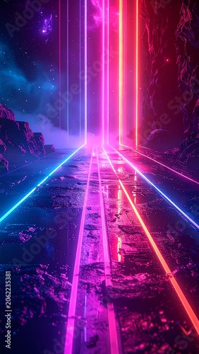 A vibrant, futuristic landscape with neon lights on a rocky surface
