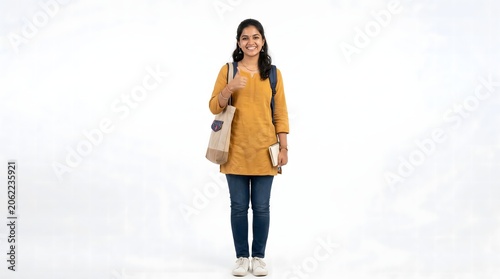 Happy Indian Female Student with Backpack and Thumbs Up