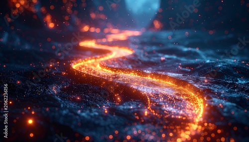 A vibrant, glowing orange pathway winds through a dark, starry landscape