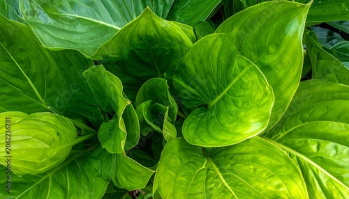 A vibrant green plant with large, shiny leaves spreading across the frame