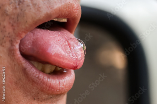 Bild auf Leinwand Close up mouth tongue bubble saliva human skin teeth wet macro detail texture pi