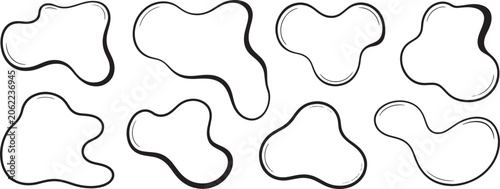 Group of eight irregular, organic blob shapes with thick black outlines and soft grey drop shadows, offering a modern and fluid aesthetic for abstract and