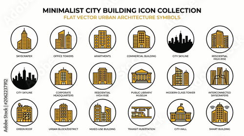 Minimalist city building icon collection.