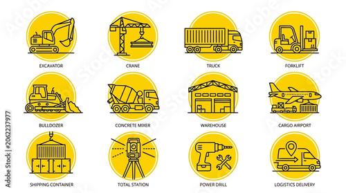 Collection of industrial and construction icons.