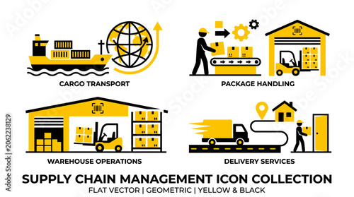 Supply chain management icons in flat vector style.