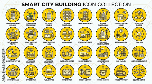 Smart city building icons collection graphic.