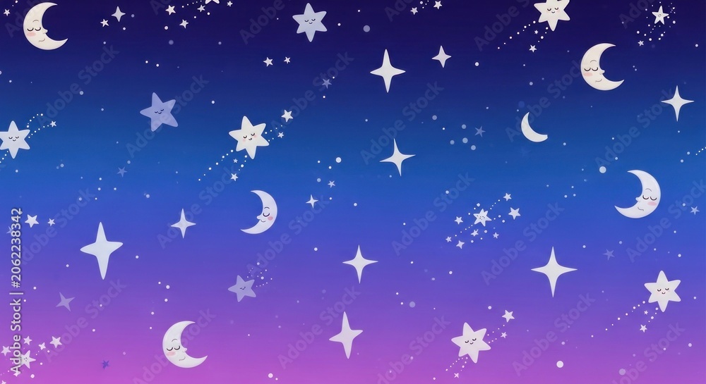 Fototapeta premium Seamless purple night sky pattern with stars and moons.