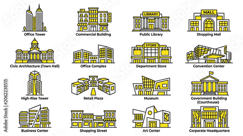 Collection of various building types and structures.