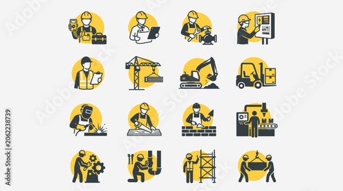 Construction workers at work icons set.