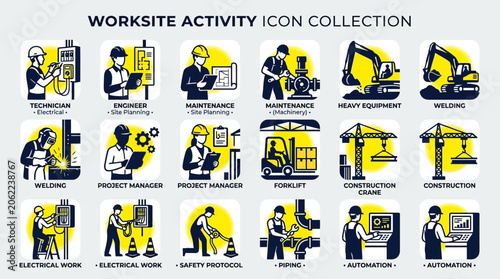 Collection of worksite activity icons.